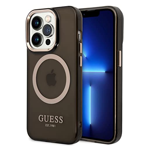 CG MOBILE Guess Coque Compatible avec Magsafe avec Contour doré translucide, dernier Design Brillant, Anti-Rayures, résistant aux dommages, Compatible avec iPhone 14 Pro Max (Noir)