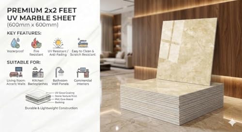 Image of WALLVEAR UV Marble Wall Panel 2x2 Ft PVC High Gloss Sheet, Pack of 8