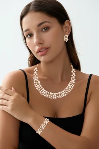3PCS Wedding Bridal Artificial Pearl Crystal Necklace Drop Earring Bracelet Brides Party Costume Jewelry Set for Women2