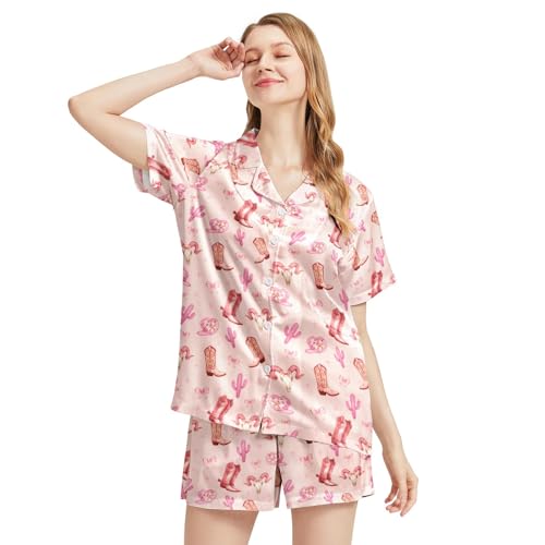 Image of Silk Satin Pajama Set for Women Summer Lounge Pjs Sets 2 Piece Suit Ladies Button Down Tops And Shorts Sleepwear