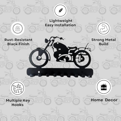 Image of Bike Metal Key Holder | Decorative Wall-Mounted Key Rack & Organizer for Entryway, Hallway, Kitchen | Sturdy Hanger for Keys & Accessories (25x15 cm, 9 Hooks)