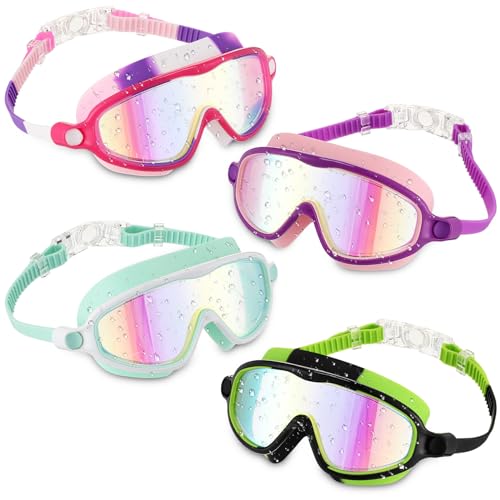 Flutesan 4 Pack Kids Swim Goggles Age 3-15 Antifog Wide View No Leaking Swimming Glasses with Adjustable Strap (Cool Color)