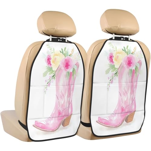 Watercolor Pink Cowgirl Boot Flowers Car Seat Back Kick Protectors,2 Pack Kick Mats With Storage Pockets For Vehicles To Protect From Dirt Mud Scratches
