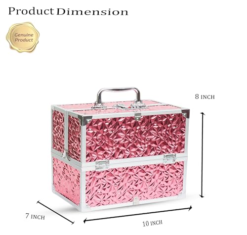 Image of Adson Professional Makeup Box Cosmetics Case Jewelry Organiser Vanity Make Up Storage Box Beauty Train Case Lockable with Keys (Diamond Glow Pink)