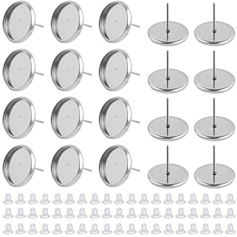 50Pcs 12mm Blank Stud Earring with 100 Pcs Earring Backs Stainless Steel Ear Stud Earring Findings Hypoallergenic Round Earring Posts Cabochon Earring Bezel Settings for DIY Jewelry Making Cover