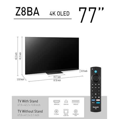 Image of Panasonic Z8BAP 77 Inch OLED 4K Smart Fire TV, 144Hz TV-77Z8BAP Bundle with 4 YR CPS Enhanced Protection, WN10 Wireless TV Neck Speaker, HDMI Cable & Deco Gear Home Theater Beginner's Guidebook