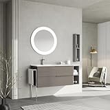 Finition: tiroirs en frêne gris effet bois, compartiment ouvert en gris pastel, poignées anthracite, porte-serviettes chromé, lavabo blanc.