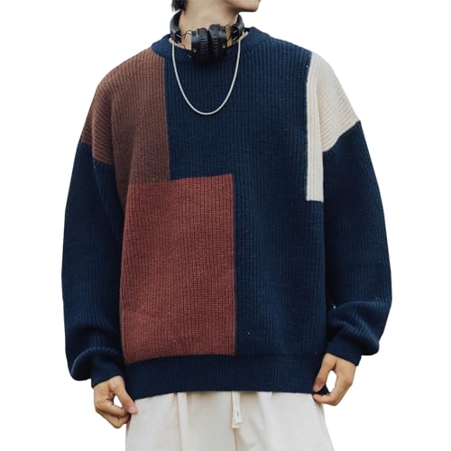 [Easykode] セーター メンズ 冬服 ニット オシャレ カラーブロック 厚手 畦編み ニットソー 定番 クルーネック 長袖 ニットセーター 防寒 保温 人気 トップス ストリート系 カジュアルコーデ ショート丈 服 秋 冬 navy 2XL