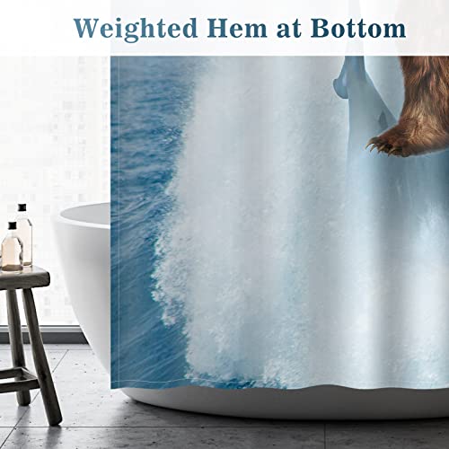 Image of Aimego Stall Small Shower Curtain - Funny Bear Riding Shark in Ocean Wave Fun Cool Crazy Narrow Half Fabric Cloth Bath Shower Curtain Set for Adults Bathroom Decor Accessories, 36 inchx72 inch, Blue Brown