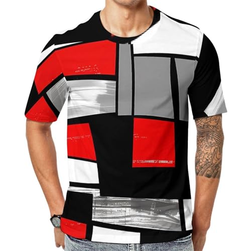 Red, Grey, Black and White Rectangles Modern Style Men’s Short Sleeve Graphic T-shirt Crewneck Print Casual Tee Tops L