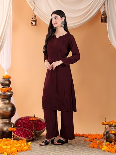 Image of POSHAK CHIKAN STUDIO Women's Hand Embroidered Lucknowi Chikankari Rayon Co-ord Set