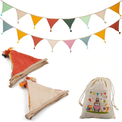 Bandierine per Bambini in Cotone Lavabile - Ghirlanda Triangolare 2.6m Colorata con Sacchetto Incluso, Decorazioni per Baby Shower, Compleanno, Cameretta e Matrimonio (2 Pezzi)