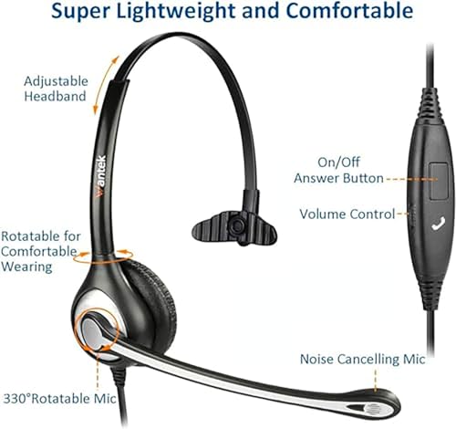 Image of Wantek 2.5mm Headset with Microphone, Wired Phone Headset, Noise Cancelling & Volume Controls, Telephone Headphone Compatible with Panasonic, Cisco, Polycom, Gigaset's 2.5mm Jack Phone Headset