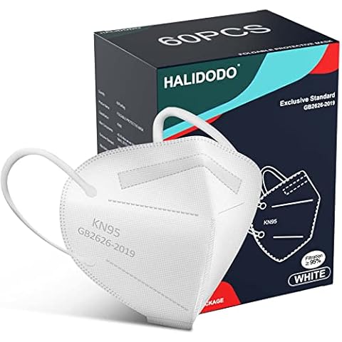 HALIDODO 60 Packs KN95 Face Mask, 5-Ply Comfortable Filter Safety Mask, Protective Face Cover Mask (White) Cover