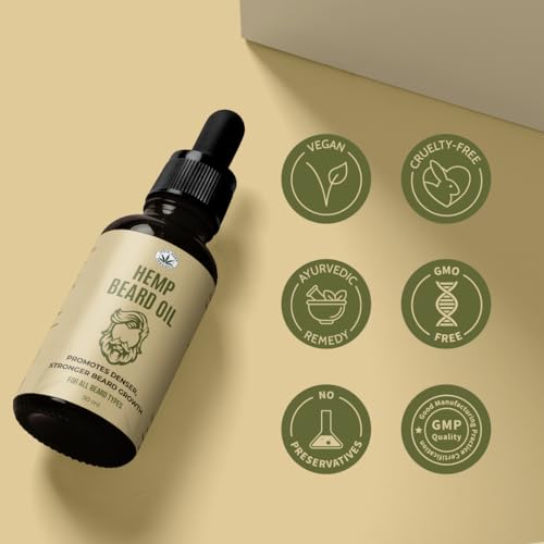 Image of India Hemp Organics Hemp Beard Oil 30ml | Enriched with Rosemary, Almond, Red Raspberry, Flax Seed & Black Seed Oils | For Patchy Beard | Supports Thicker & Softer Beard