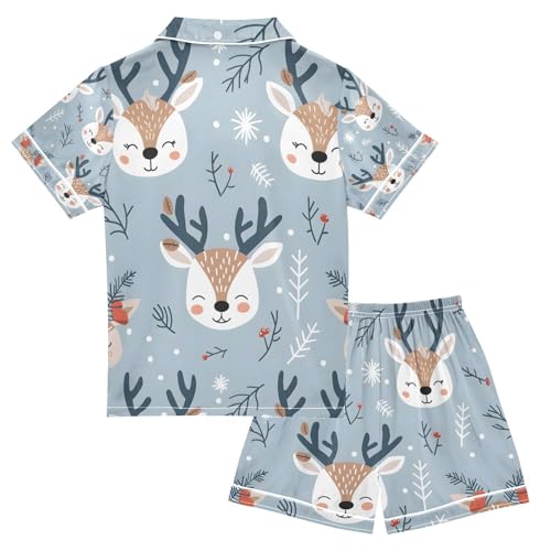 senya Deer Cute Smile Face Satin Summer Pajama Sets Silk Short Sleeve Button Down Sleepwear2