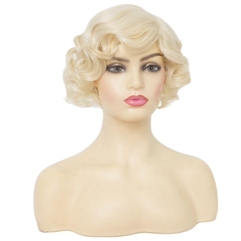 Salaibs Blonde Short Curly Wigs for Women 1920s Figer Wave Wig Synthetic Heat Resistant Fiber Cosplay Costume Halloween Hair Wig - Image 4