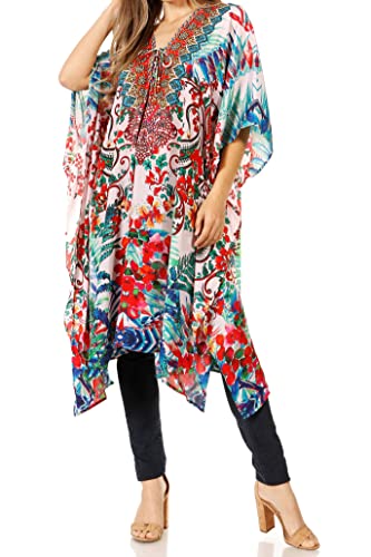 Sakkas Zeni Women's Short Sleeve V-Neck Summer Floral Print Caftan Dress Cover-up