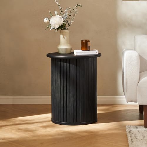 mopio Quin Pedestal Side Table, Tambour Round Fluted End Table, S...