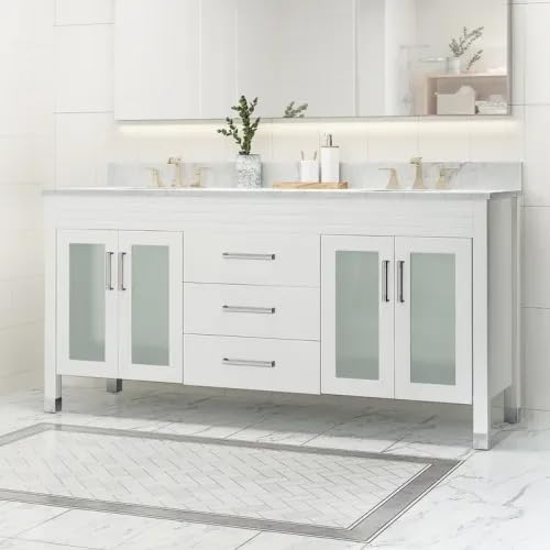 LUMISOL 72" Double Sink Bathroom Vanity with Marble Top, Solid Wood Bathroom Cabinet with 3 Drawers and 4 Glass Doors, Bathroom Vanities with Double Ceramic Sink Set & Backsplash, White