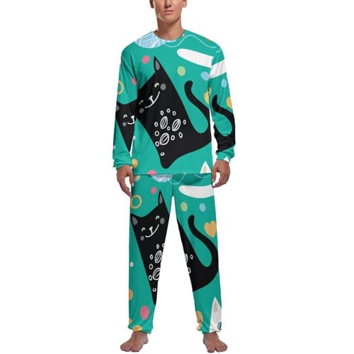 Pyjama homme manche longue et pantalon noir et vert Chaton