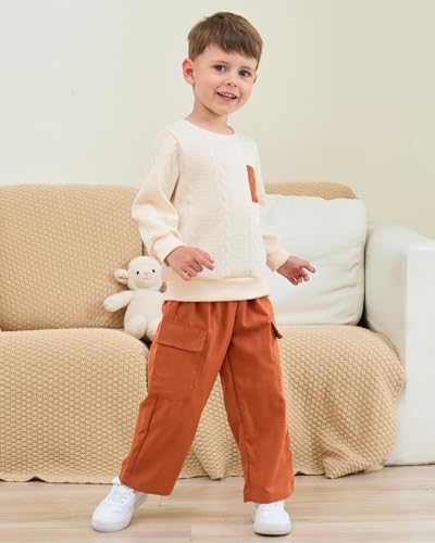 Renotemy Toddler Boys Clothes Fall Winter Outfit Knit Pullover Sweatshirt Cargo Pants Boy Clothing Set for Kids 3-7 Years3