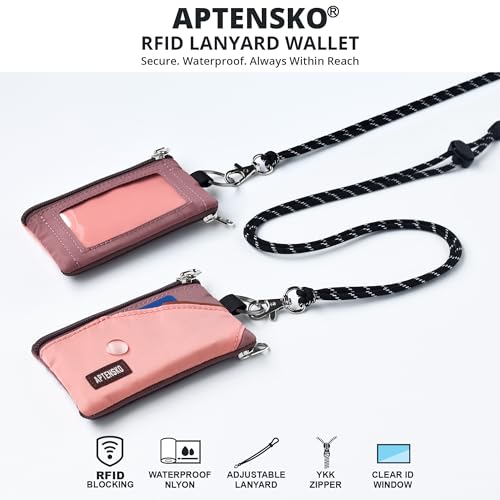 Image of RFID Blocking Travel Wallet with Adjustable Lanyard, Small Nylon Zipper Pouch and Badge Holder for ID, Credit Cards, Cash, Keys, Commuters (CoralBlush+Mauve)