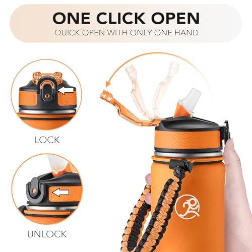 Image of GOSWAG 24oz Insulated Stainless Steel Travel Water Bottle, 2 Lids | with straw and no straw, Paracord handle, Double-wall vacuum keeps drinks cold or hot, Leakproof tumbler