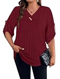 LURANEE Plus Size Tops for Women 4X, Ribbed Longline Tunic Womens Sweater Long Sleeve Curved Hem Chic V Neck Versatile Shirts for Christmas Festival Party Spring Red 4XL