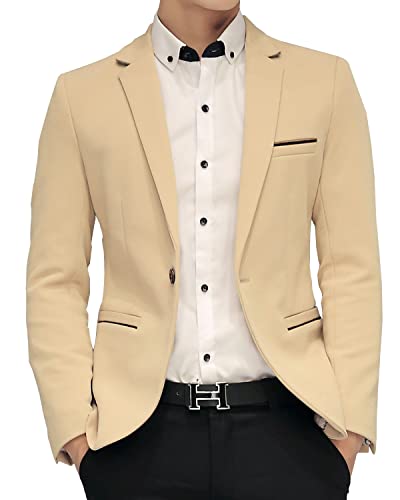 David.ann Men's Slim Fit Suits Casual One Button Flap Pockets Solid Blazer Jacket,Khaki,Large #TOP3