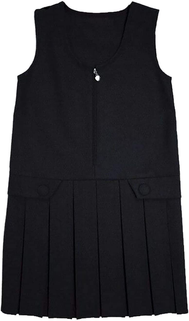 Stylewear Girls Black Kids Front Heart Zip Sleeveless School Uniform Pinaforeround Neck Box Pleated Dress