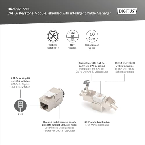 DIGITUS Moduł Keystone Cat-6A ekranowany - 12 sztuki - Gniazdo RJ45 - 500 MHz 10GBase-T - AWG 26-22 - Projektowalny - Z dźwignią blokującą - Montaż bez użycia narzędzi