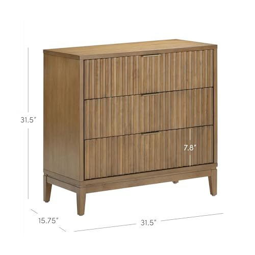 Image of Nathan James Jasper Mid Century Modern 3-Drawer Dresser with Solid Wood Frame, Fluted Dresser for Nursery or Small Drawer for Bedroom, Light Brown