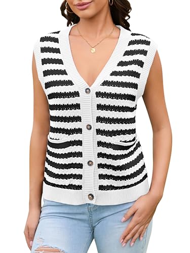 Women's Sweater Vests Striped Sweaters Sleeveless Vests Button Up Knit Cotton Tank Tops4