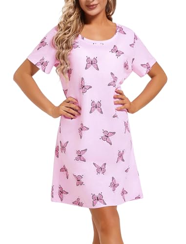 Image of ENJOYNIGHT Womens Cotton Nightgown Short Sleeve Sleepshirt Print Nightshirt | Short-Sleeve Crew Neck, Soft Cotton Fabric, Cartoon Printed Sleep Shirt, Loose Fit
