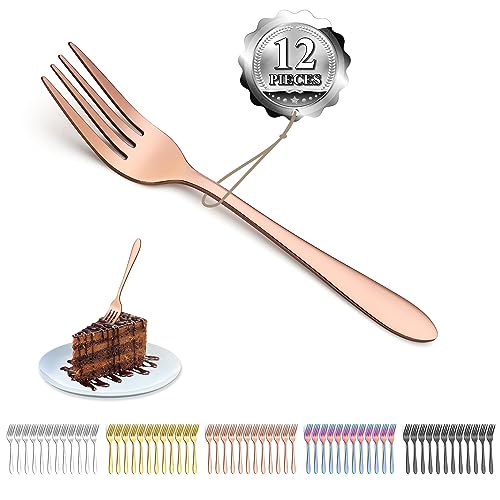 Kyraton Rose Gold Dessert Forks Set of 12 Pieces 14cm Titanium Rose Golden Plating Stainless Steel Cake Forks, Cutlery Set Dishwasher Safe