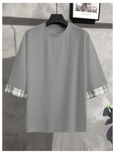 Image of OYOANGLE Men's Textured 3 /4 Sleeve Drop Shoulder T Shirt Loose Fit Plaid Cuff Tee Tops