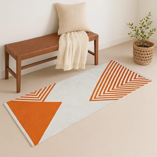 Image of SAGON 2x5 Ft Printed Runner Carpet - Cotton Bedside Rug for Bedroom & Living Room (Orangle Trabgle)