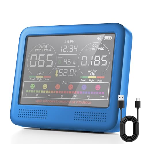 Image of 16-in-1 Indoor Air Quality Monitor with PM1.0,PM2.5,PM10,CO2,HCHO,TVOC,Temperature,Humidity,Time Display &7 AQI Alarms - Professional Air Quality Tester for Home, Office & Indoor Use (Lake Blue)