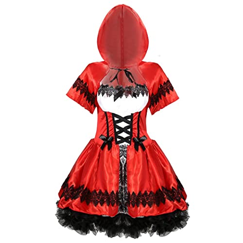 Hejo Home Damen Kostüm Sexy Rotkäppchen Kleid mit Kaputzen Cape Rot Fasching Karneval Cosplay, XXL Cover