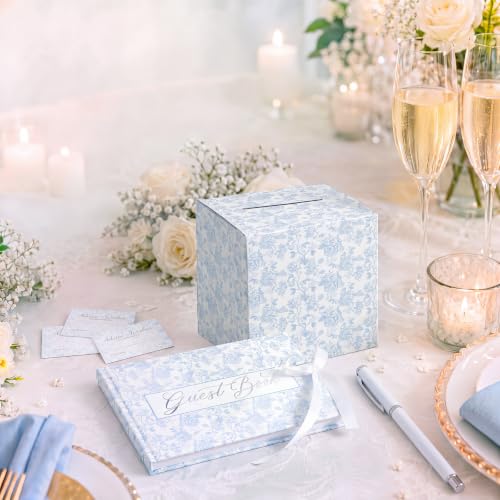 Image of Engrowtic 28 Pcs Blue Floral Wedding Guest Book with Card Box and Pen | Blue and White Guest Book, Bridal Shower, 9.1 x 6.7'', Cards, Elegant, Ribbon Tie, blank Side for Photos, Lined Side for Note