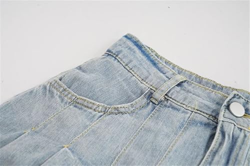 Women’S Vintage Fashion Denim Mini Skirt High Waist Slimming Versatile Button Lotus Leaf Pleated Skirts Washed Blue XXL3