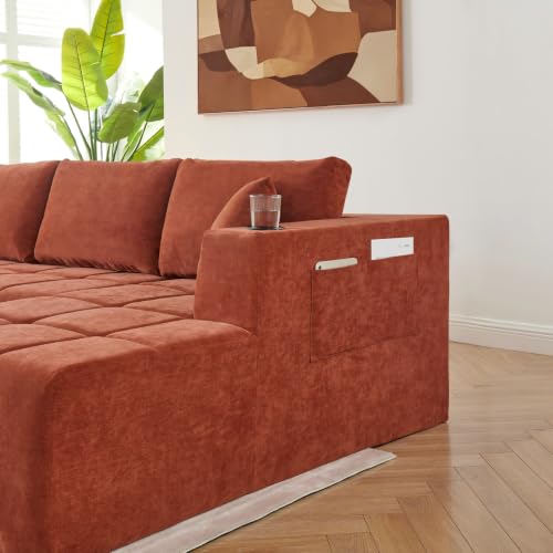 Image of KCGKCG 132 inch U Shaped Chenille Cloud Couch - No Assembly Required, Orange