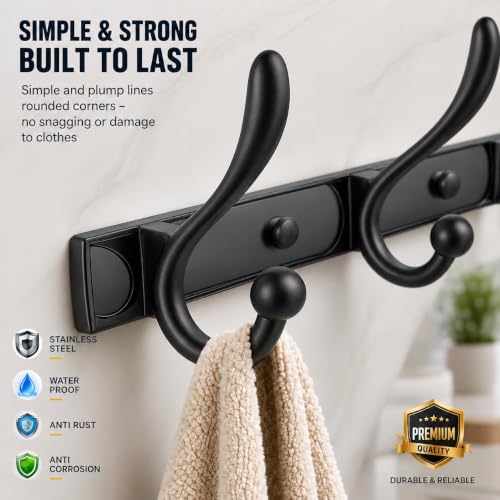 Image of Exclusive Extra Long 40 cm Antique Brass 6 Pin Metal Bathroom Cloth Hooks Hanger Door Wall Robe Hooks Rail for Hanging Keys, Clothes, Towel (2, Black)