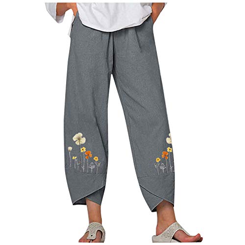 Womens Capri Pants Casual Summer Pocket Cotton Linen Pants Loose Harem Comfy Wide Leg Sweatpants Print Cropped Trouser
