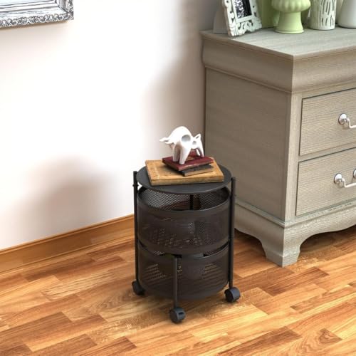 Image of HomeWiz 2-Layer Round Kitchen Trolley | Movable Storage Organizer for Fruits & Vegetables | Perforated Mesh Baskets with Solid Flat Top | Multipurpose Rack for Onion & Potato | Rust-Resistant | Black