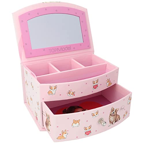 Depesche 12280 TOPModel Rose, Corgi, Motif modèle et Pierres Scintillantes, boîte à Bijoux avec Miroir et Couvercle à charnière