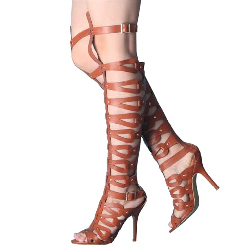 Image of Hanfike Knee High Sandals for Women Gladiator Cut Out Summer Roman Boots