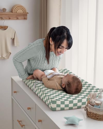 Image of Blissful Diary Muslin Changing Pad Cover for Baby Girls Boys, Ultra Soft Breathable Cotton, Baby Diaper Change Table Pad Covers, 2Pack (Checkered Green & Sage Green)