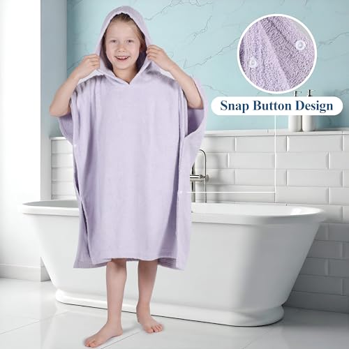 Image of Superior Kids Cotton Terry Poncho, Soft, Absorbent Bath Towel with Hood, Bathroom Accessories, Long, Plush Bathrobes for Bath, Shower, Spa, Resort, Hotel, Beach, Pool, Boy, Girl, Small /Medium, Lilac